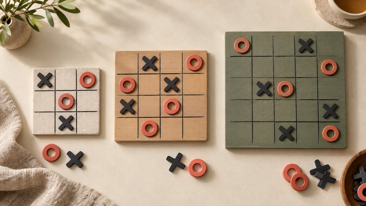 Three tactile Tic Tac Toe boards with 3×3, 4×4, and 5×5 grids and charcoal X and coral O pieces side by side.