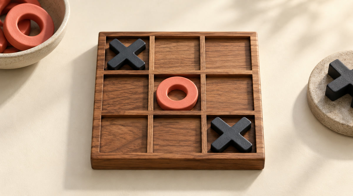 A tactile Tic Tac Toe board scene illustrating The center is strong but not unbeatable. Use corners, forcing threats, and fork pressure to punish inaccurate replies.