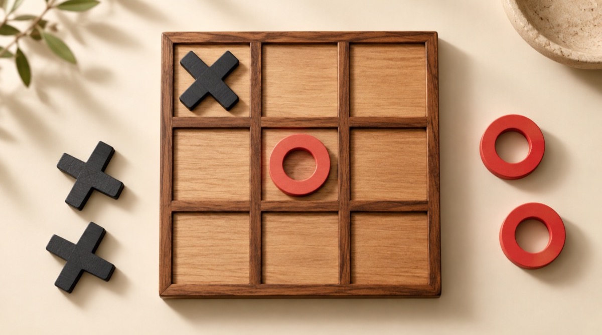 Editorial Tic Tac Toe board comparing center, corner, and edge openings with charcoal X and coral O pieces.