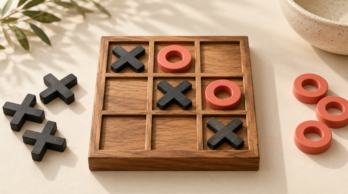 Editorial Tic Tac Toe board with a charcoal X and coral O illustrating the difference between a forced draw and a win against an imperfect opponent.
