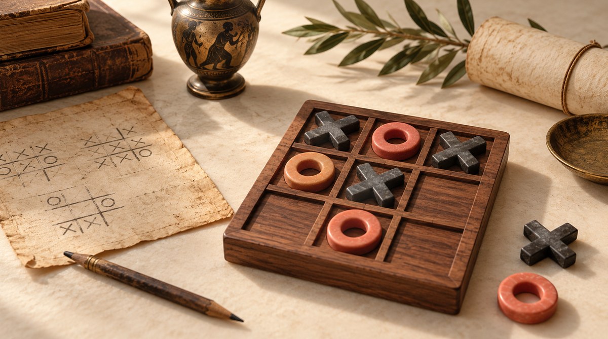 A tactile Tic Tac Toe board scene illustrating Trace Tic Tac Toe from ancient three-in-a-row relatives to noughts and crosses, OXO, and today’s online game.