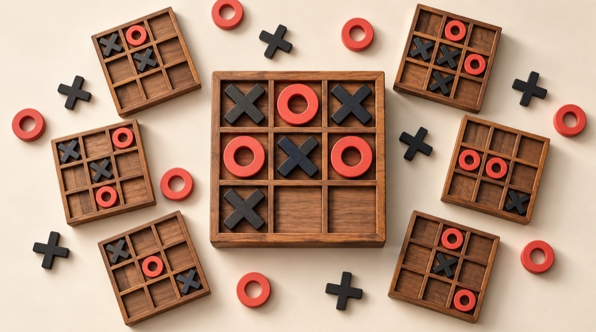 Editorial Tic Tac Toe board surrounded by branching board states illustrating legal game sequences and positions.