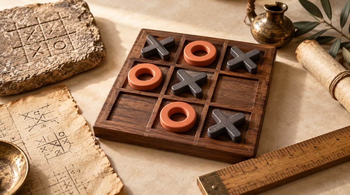A tactile Tic Tac Toe board scene illustrating Tic Tac Toe has ancient relatives, but its modern rules and names are much newer. Learn how to answer the age question accurately.