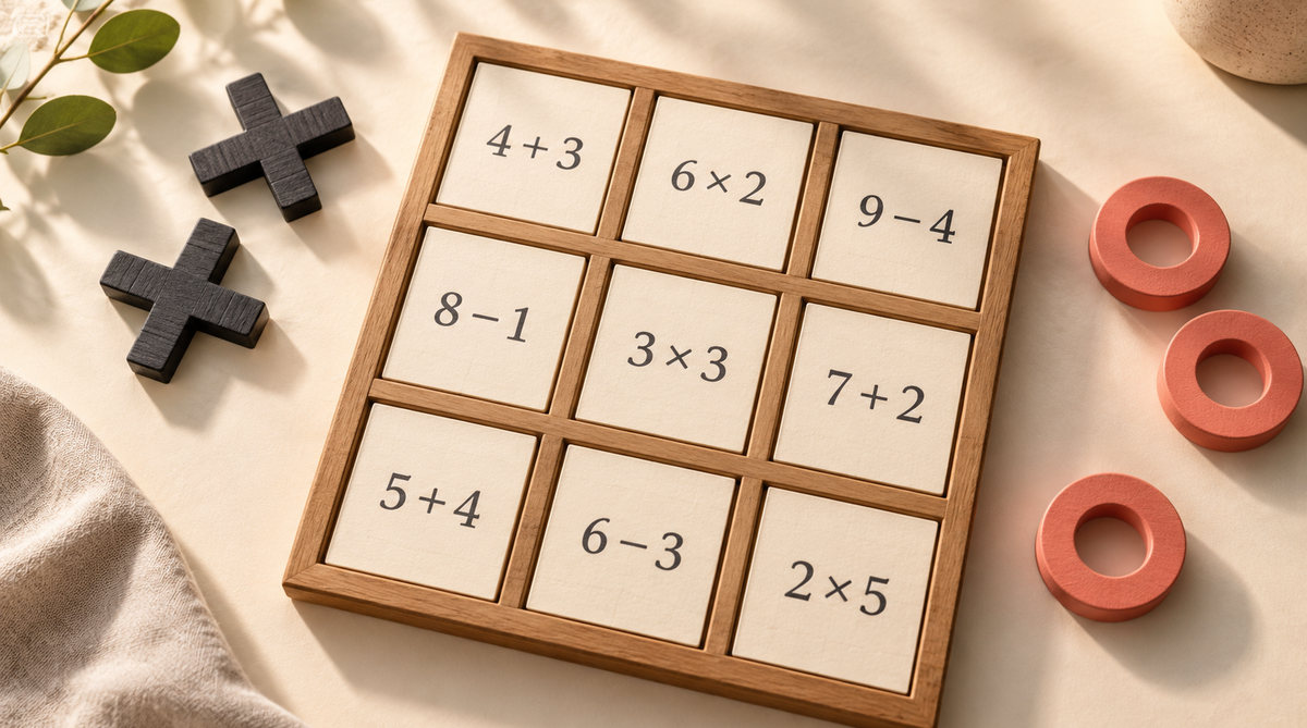 Nine arithmetic problems on a wooden Tic Tac Toe board, with charcoal X and coral O pieces ready to play.