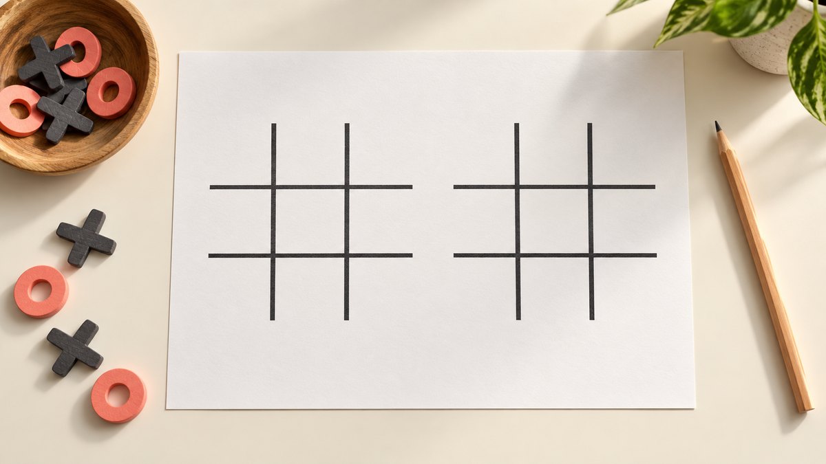 A clean white printable sheet with two large blank Tic Tac Toe grids, wide margins, and a pencil on an ivory desktop.