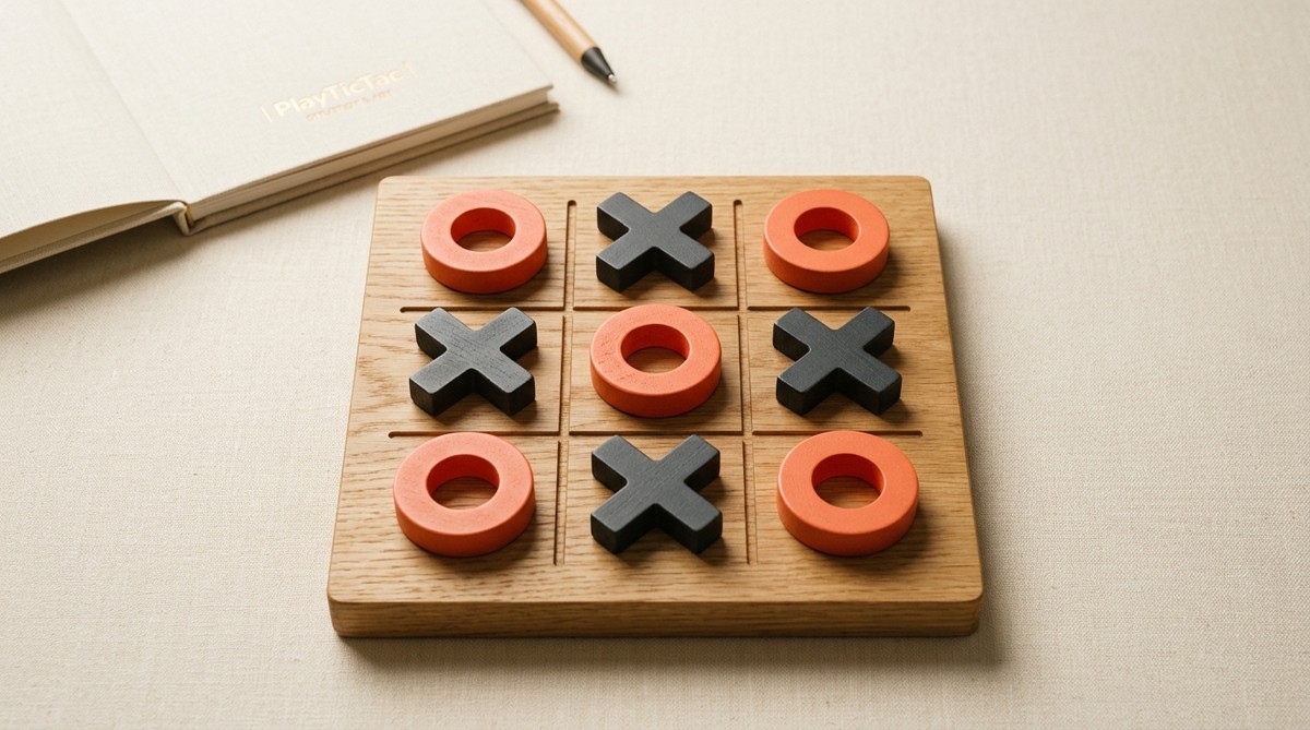 Editorial Tic Tac Toe board with charcoal X and coral O pieces illustrating defensive blocks and a forced draw.