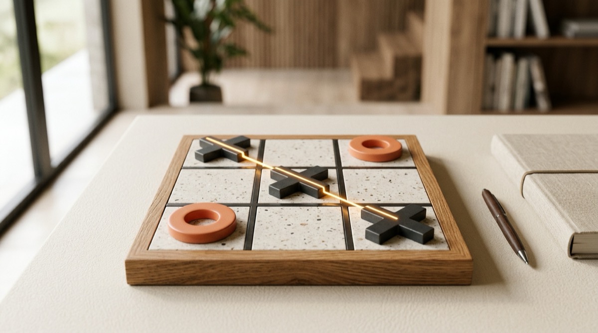 Editorial Tic Tac Toe board with charcoal X and coral O pieces illustrating a fork and the priority order for finding a win.