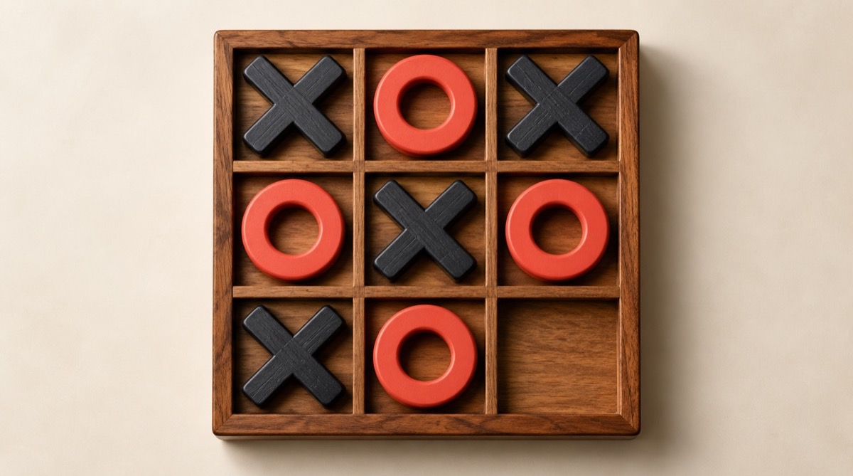 Editorial Tic Tac Toe board with balanced charcoal X and coral O pieces illustrating a solved draw.