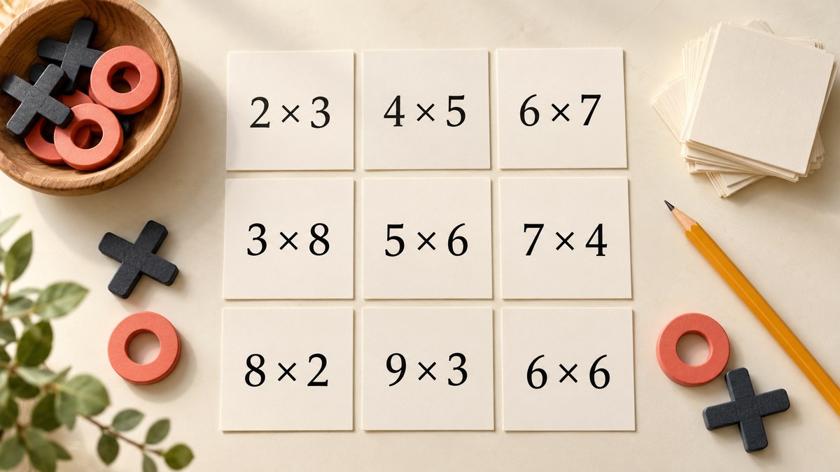 Nine multiplication fact cards arranged as a Tic Tac Toe board beside charcoal X and coral O pieces, a pencil, and spare cards.