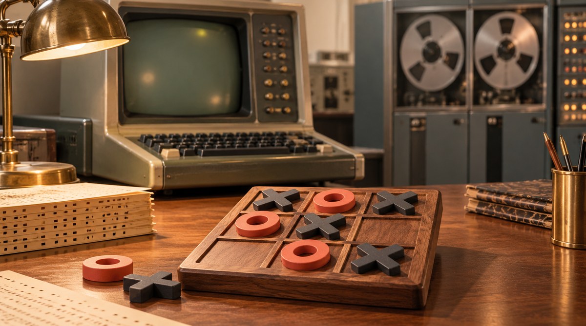 A tactile Tic Tac Toe board scene illustrating Meet OXO, A. S. Douglas’s 1952 noughts-and-crosses program for EDSAC and an early milestone in graphical computer games.