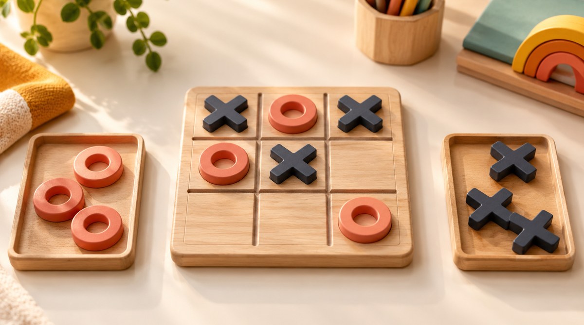 Wooden Tic Tac Toe board with charcoal X and coral O pieces beside classroom toys