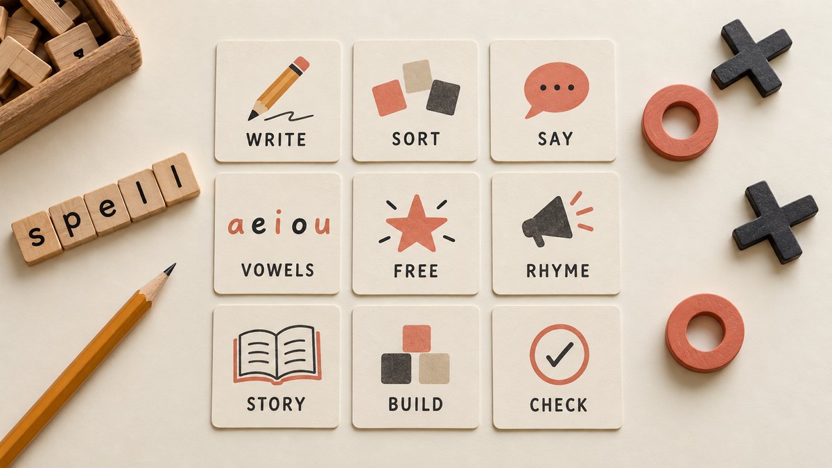 Nine spelling choice cards on a 3×3 grid with word tiles, charcoal X and coral O pieces, and a workbook on an ivory desk.