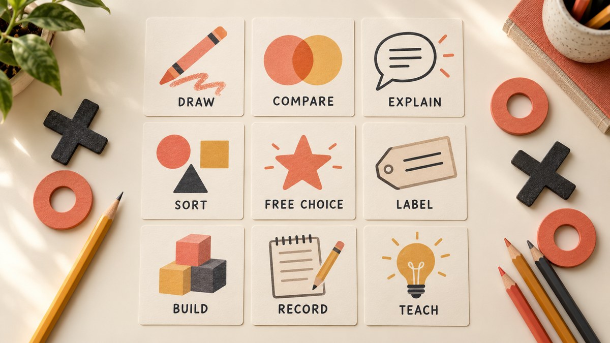 Nine illustrated activity cards labeled Draw, Compare, Explain, Sort, Free Choice, Label, Build, Record, and Teach form a classroom choice board beside charcoal X and coral O pieces.
