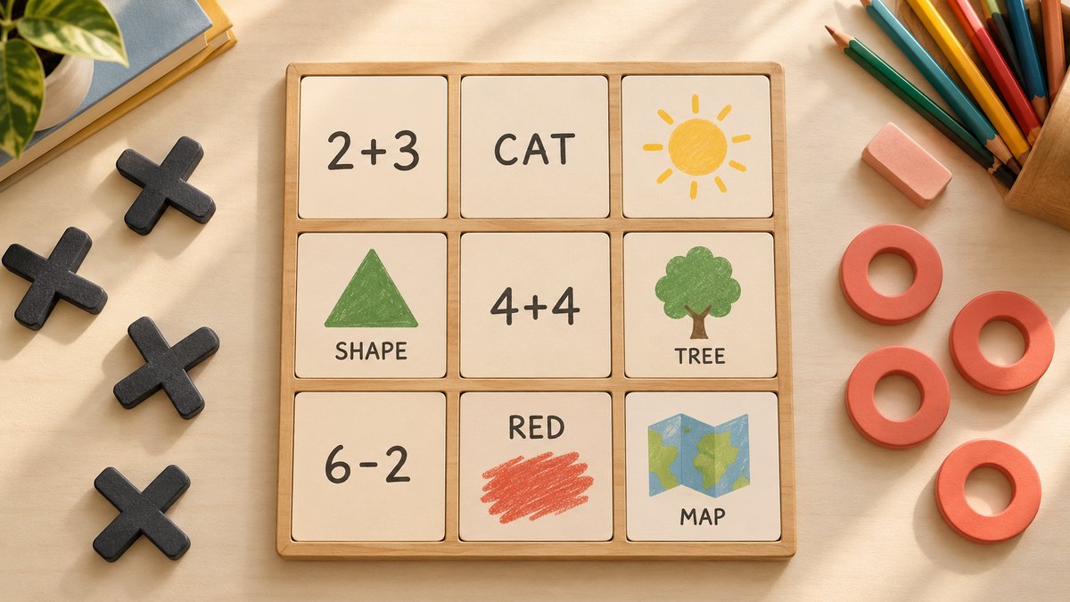 A nine-square classroom quiz board with math, reading, color, and picture prompts, surrounded by charcoal X and coral O counters.