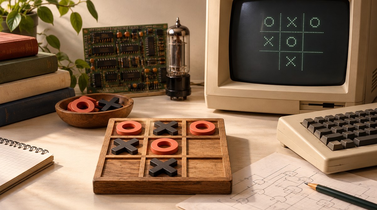 A tactile Tic Tac Toe board scene illustrating A tiny board made Tic Tac Toe ideal for early interaction demos, AI search lessons, and first programming projects.