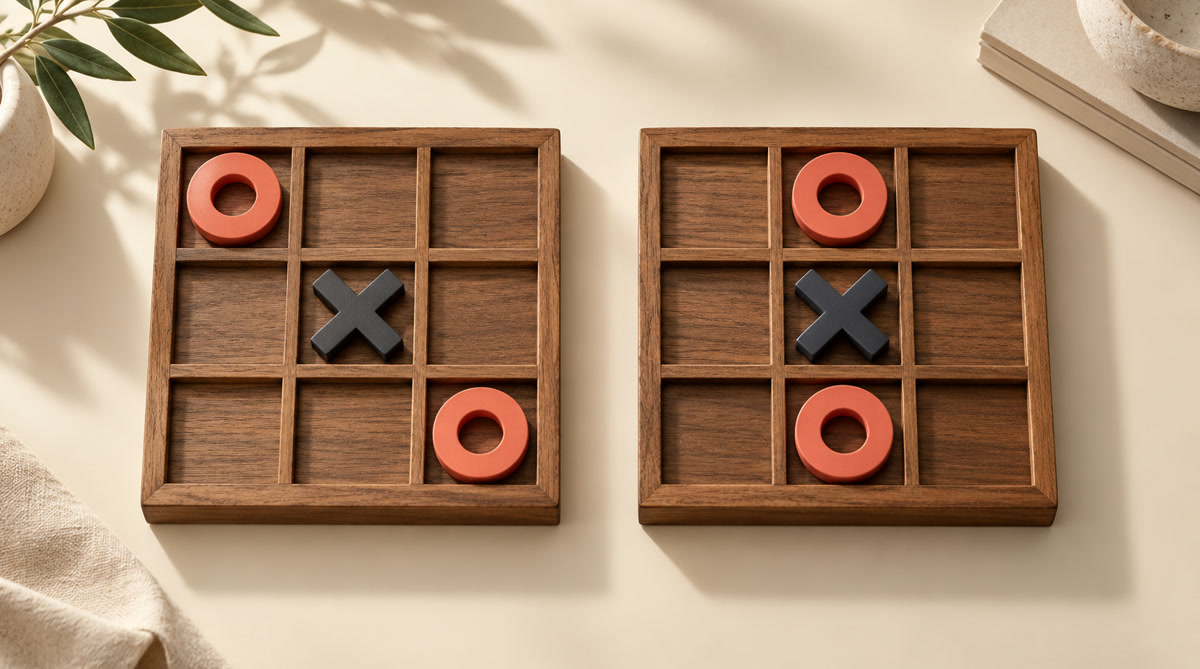 A tactile Tic Tac Toe board scene illustrating Center and corner both draw with perfect play, but they create different practical games. Compare their control, replies, and traps.
