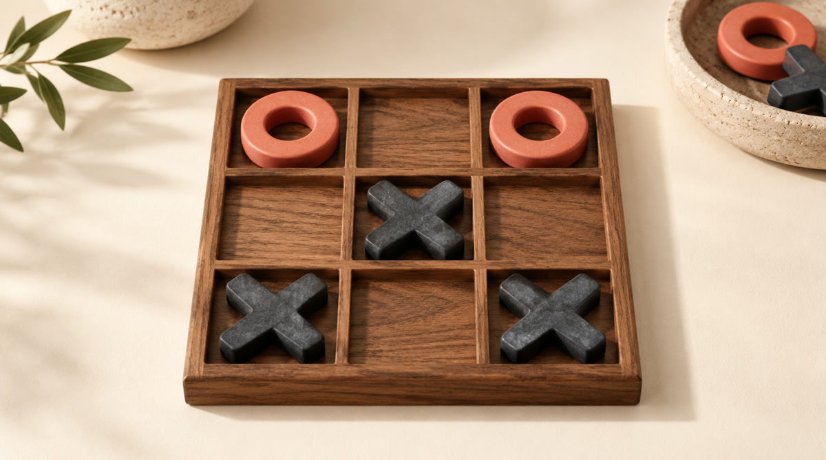Editorial Tic Tac Toe board with charcoal X and coral O pieces illustrating two simultaneous winning threats.