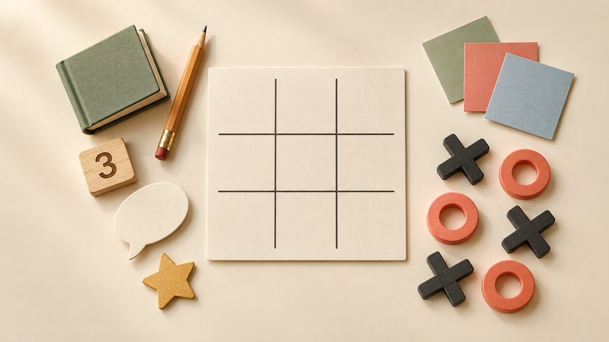 A blank nine-square paper Tic Tac Toe template surrounded by idea tokens, a pencil, and charcoal X and coral O pieces.