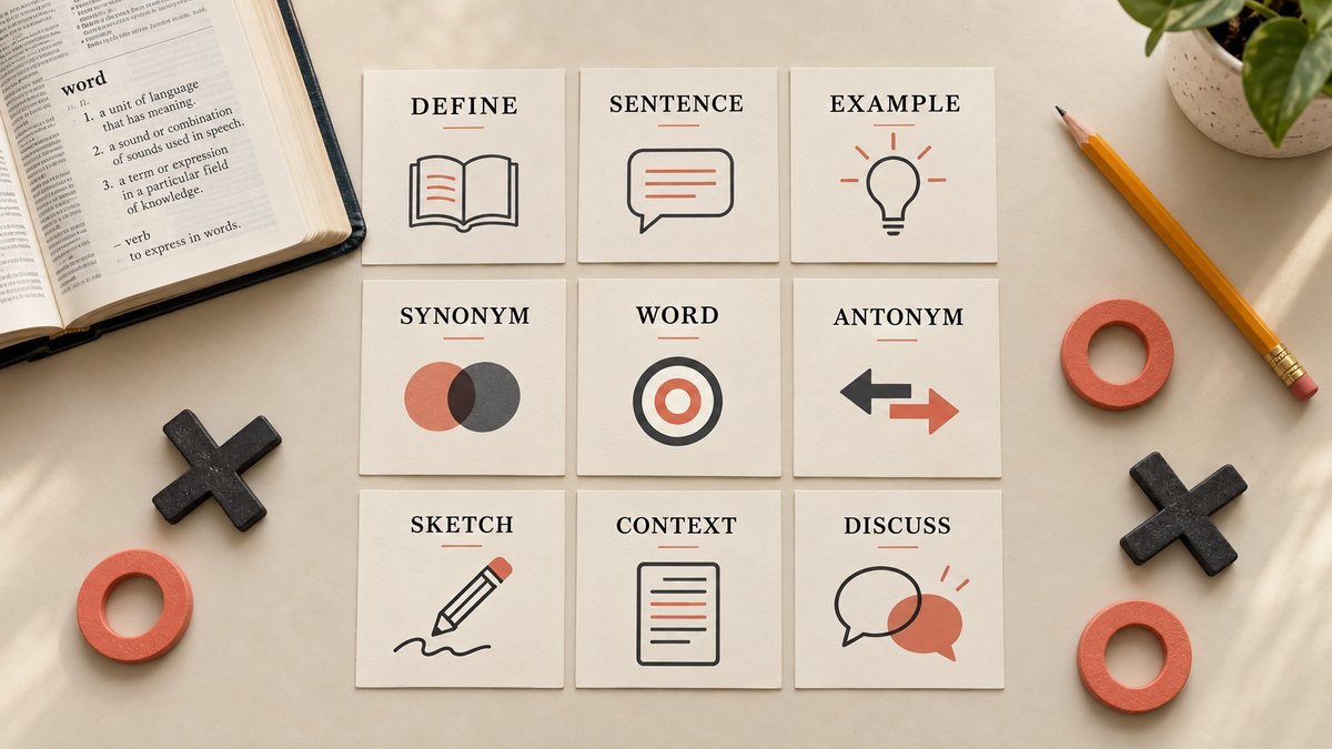 Nine vocabulary practice cards labeled with tasks such as define, synonym, sketch, and context, beside charcoal X and coral O pieces.