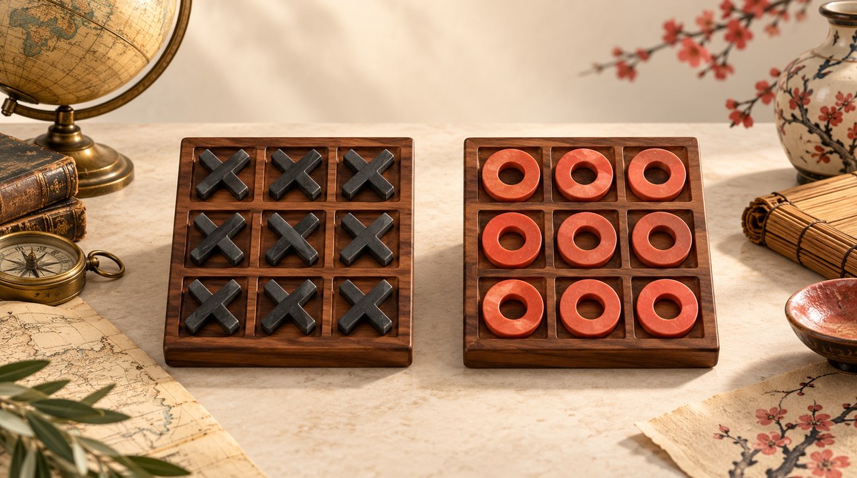 A tactile Tic Tac Toe board scene illustrating Tic Tac Toe and noughts and crosses are the same game. The difference is regional vocabulary, not rules.