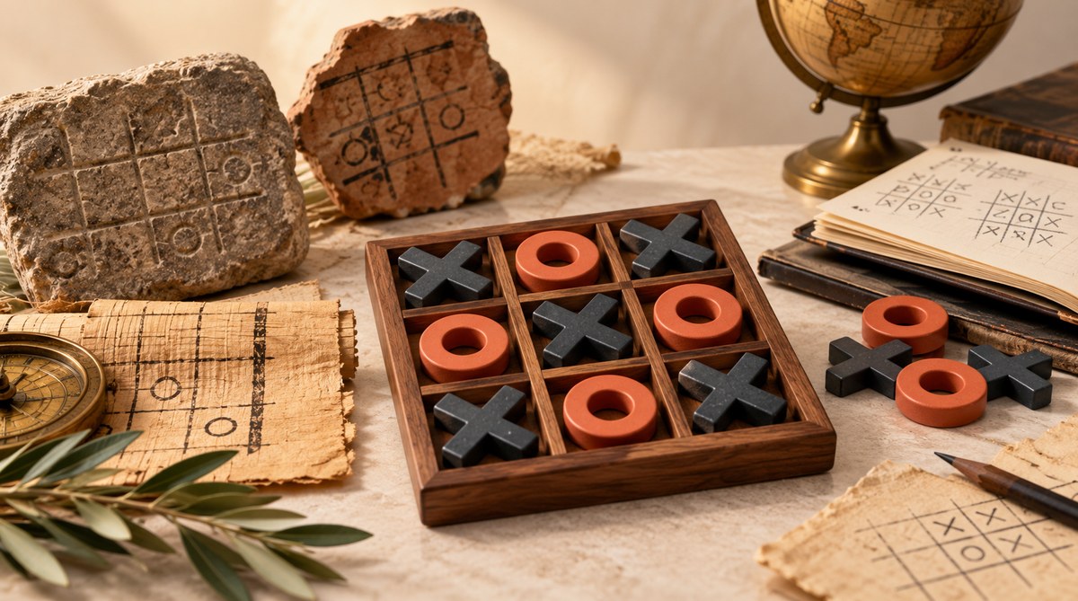 A tactile Tic Tac Toe board scene illustrating No single inventor of Tic Tac Toe is known. Here is why ancient relatives, modern rules, and the modern name have different histories.